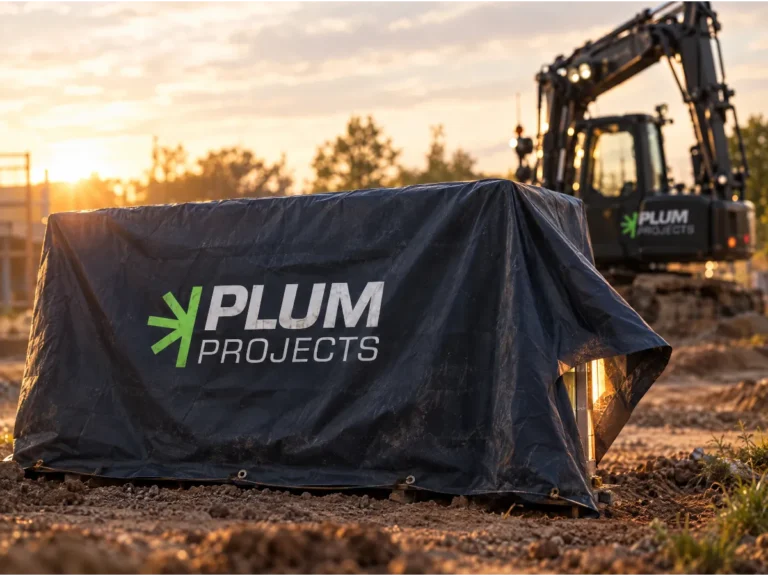 Afgedekt object onder een Plum Projects-doek op de bouwplaats, met de graver op de achtergrond